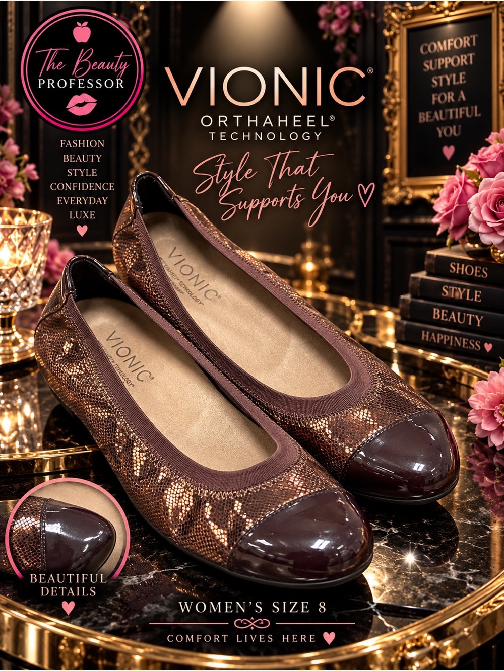 💕Vionic Size 8 Metallic Bronze Orthaheel Patent Cap Toe Ballet Flats